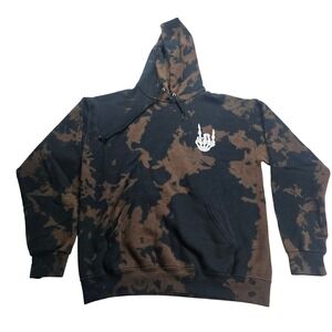 Bowery Supply Co Hoodie Mens Large Black Brown Tie Dye Skeleton Rock On Graphic